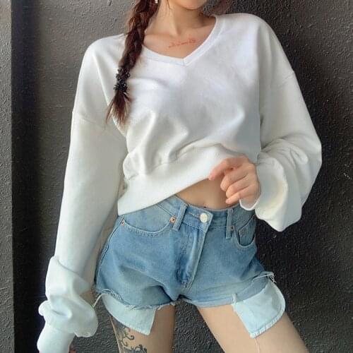 NCLAGEN Summer Women V-neck All-match White Loose Navel Sweatshirt Hoodie Long Sleeve Crop Top Pullover Korean Tops Harajuku