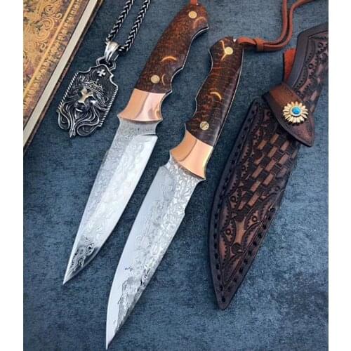 VG10 Damascus steel hunting knife Strong outdoor straight knife High hardness camping handmade knife