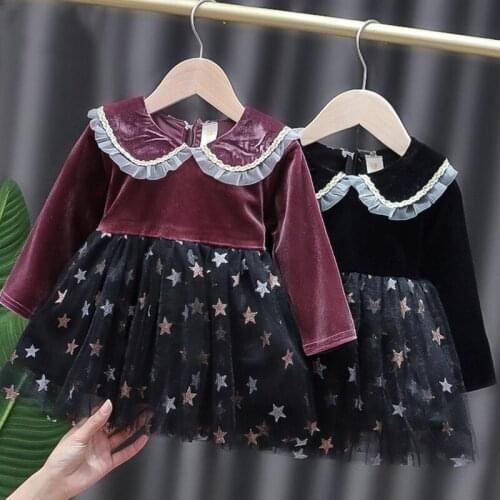 Baby Girls Dress 2021 New Fashion Baby Clothes Lace Mesh Stitching Star Dress Spring Autumn Long-sleeve Princess Dress
