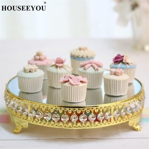Silver Gold Plating Cake Stand Crystal Decorations Glass Mirror Surface Serving Tray Pastry Cupcake Display Wedding Decoration