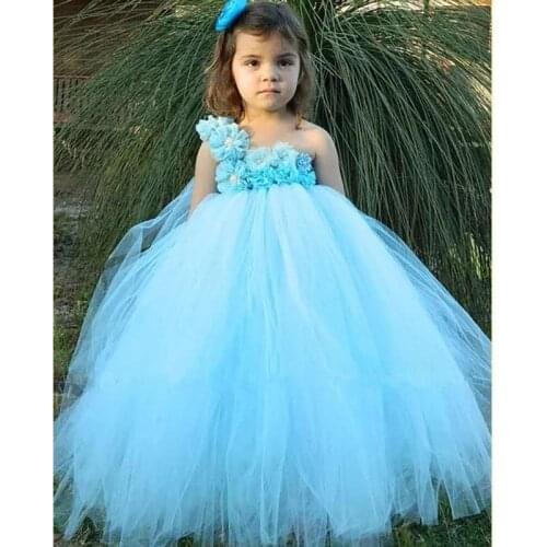 Light Blue Wedding Flower Girl Dress Tulle Tutu Dress Baby Kids Pageant Party Ball Gown Children Princess Dress Vestido Menina