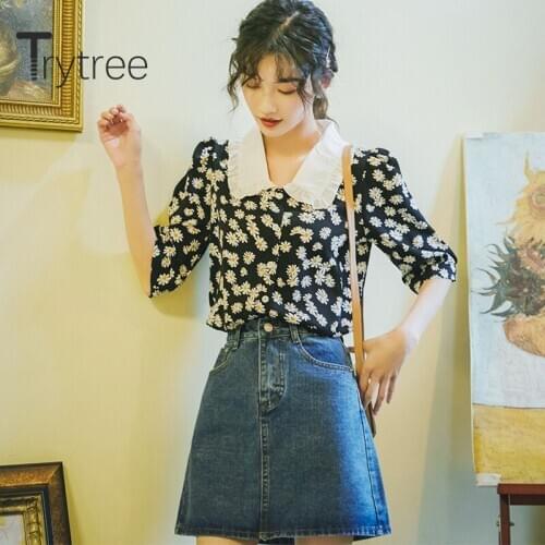 Trytree Summer Women Casual Blouse Peter pan Collar Print Small daisies Single Breasted Fashion Vintage All-Purpose Style Blouse