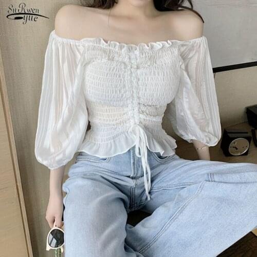 Sexy Slash Neck Short Blouse 2021 Chic Summer Strtched Off Shoulder Women Shirt Solid Lantern Sleeve Tops for Women Blusas 15076