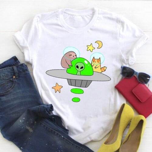 Women UFO Alien Cat Funny Fashion Printed Cartoon Ladies Summer T Tee Female Top Shirt Clothes Tshirt Womens Graphic T-shirt