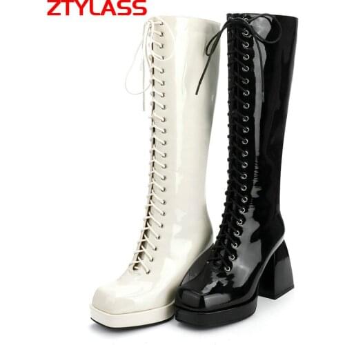 2021 Sexy Patent Leather Knee High Boots Platform Women Boots Chunky High Heel Lace Up Long Boots Autumn Winter Woman Shoes