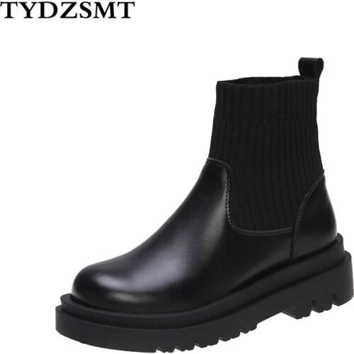 TYDZSMT Boots Women Autumn Chelsea Boots Black Platform PU Leather Ankle Sock Boots High Top Waterproof Goth Booties Woman