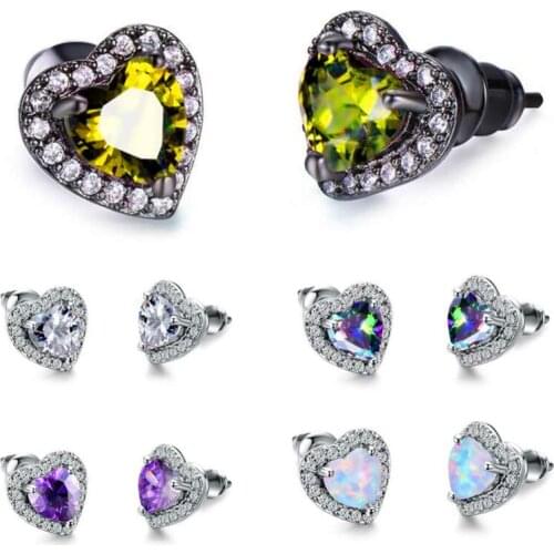 Female Crystal Heart Stud Earrings For Women 925 Silver Rose Gold Color Black White Blue Green Fire Opal Earrings Girls Jewelry