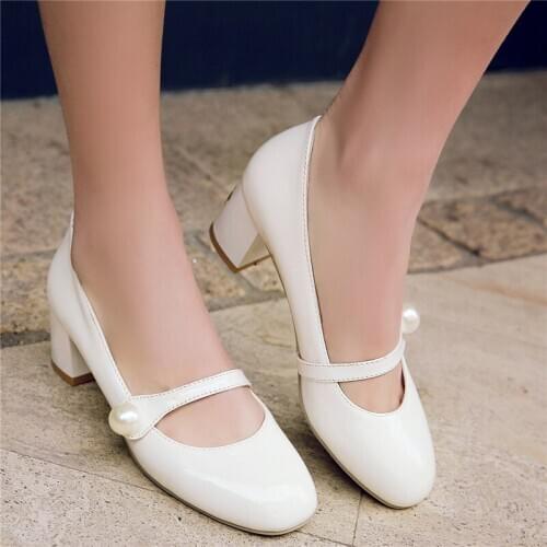 Block Heels Womens Pumps High Heels Square Toe Patent Leather Pearls Ladies Shoes 2020 White Wedding Dress Shoes Bridal Green