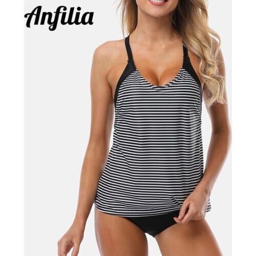Anfilia Women Two-piece Swimsuit Striped Tankini Set Swimwear Halter Padded Bandage Bathing Suit Beachwear Bikini