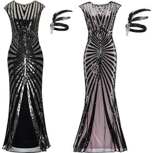 Custom Size Women 1920s Gatsby Flapper Dresses Sequin Mermaid Formal Long Plus Size Evening Gown Dress With Headwear Accessory