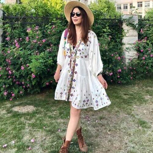 BOHO INSPIRED Womens Embroidered Tunic dress V-neck white long sleeve mini cotton boho dress casual chic holiday summer dress