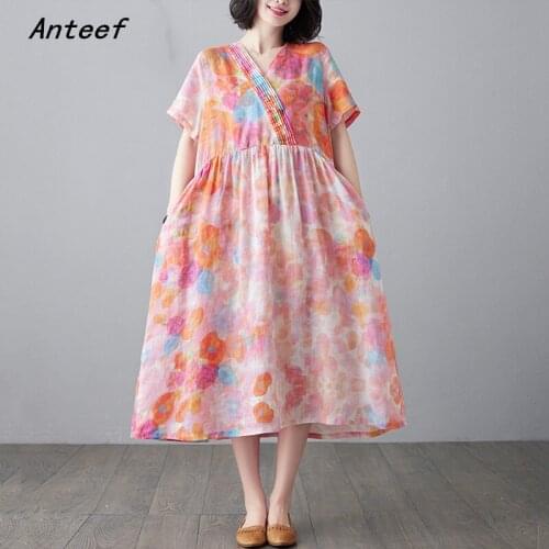 Short sleeve cotton vintage floral dresses for women casual loose long woman summer dress elegant clothes 2021