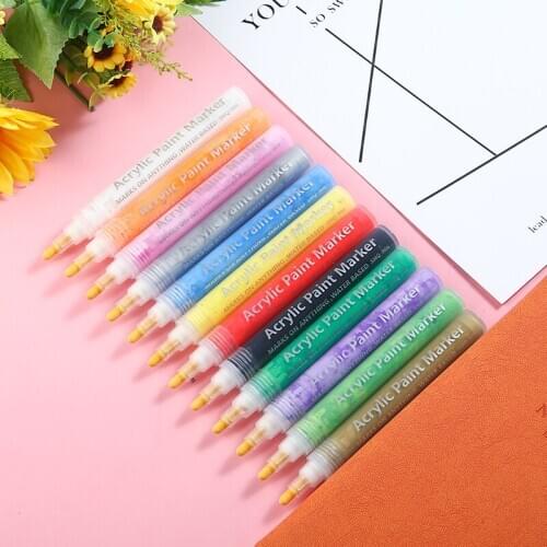 12pcs/set 0.2mm Permanent Marker Art Paint Pens Colorful Acrylic Pen Paint Markers Set For Rock Glass Fabric Canvas Painting