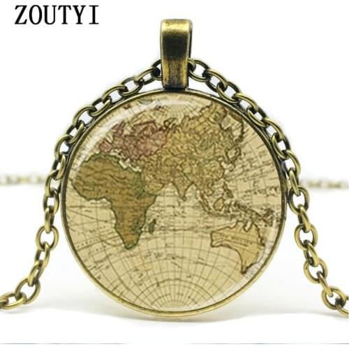 2018/ hot sale, retro map pendant old world map glass pendant map necklace traveler gift map couple gift