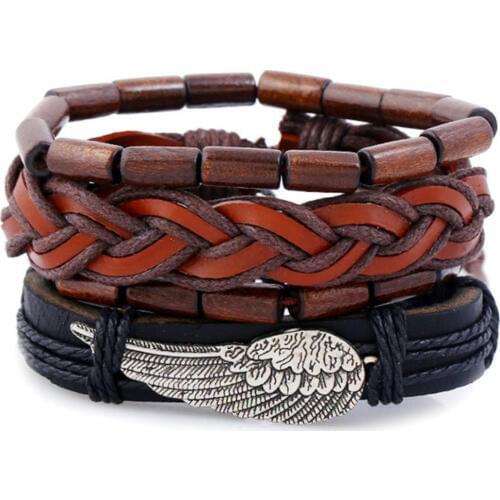 4pcs/set hippie punk brown Leather wing alloy charm tube wood Bead Layers stackable wrap Bracelet Bangles Unisex Jewelry