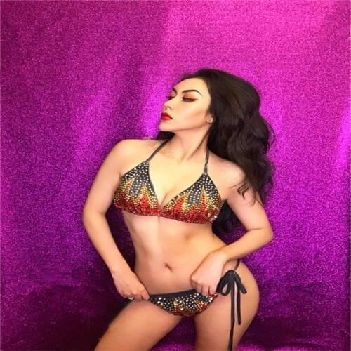 F50 Ballroom dance costumes party Bandage bikini dj singer wears dress outfit Bra set Full Diamond club performance clothe catw