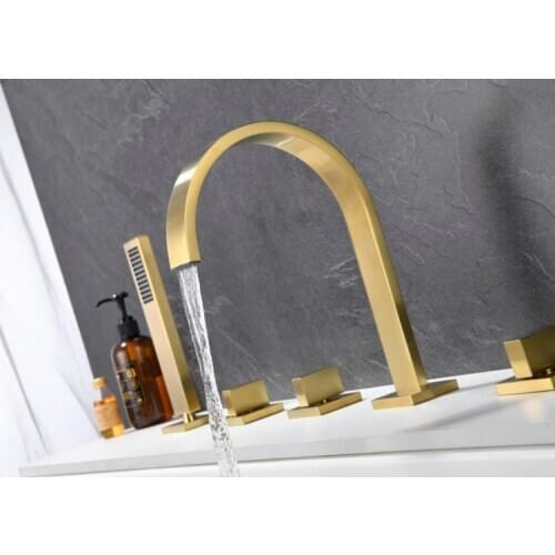 Free ship Deck Mounted Roman Tub shower faucet 5 Pieces widespread Brushed GOLD Bath Mixer tap Square