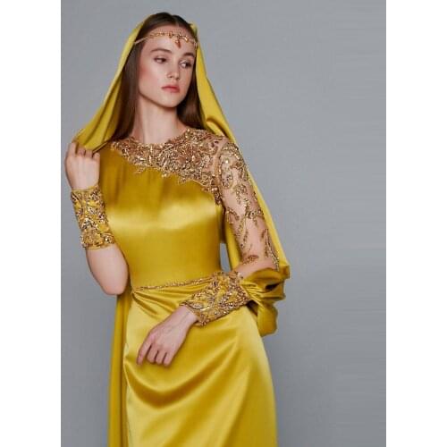 Glitter Gold Arabic Evening Dresses Dubai Style Long Sleeves See Thru Beaded Sequins Women Prom Dressing Gowns