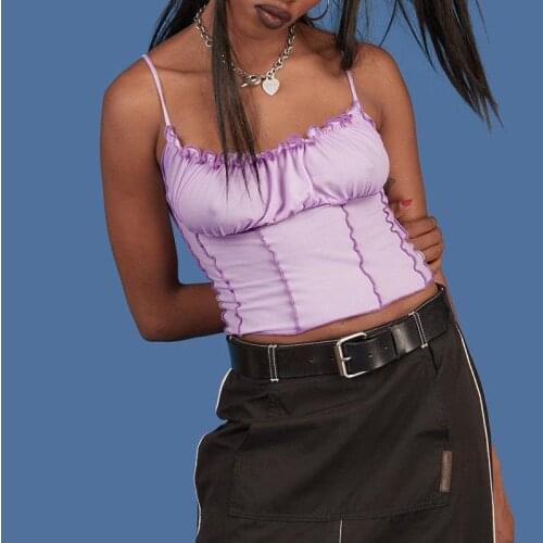 Women Short Camis Sleeveless Solid Ruched Tanks Causal Straps Camisole Purple S-L