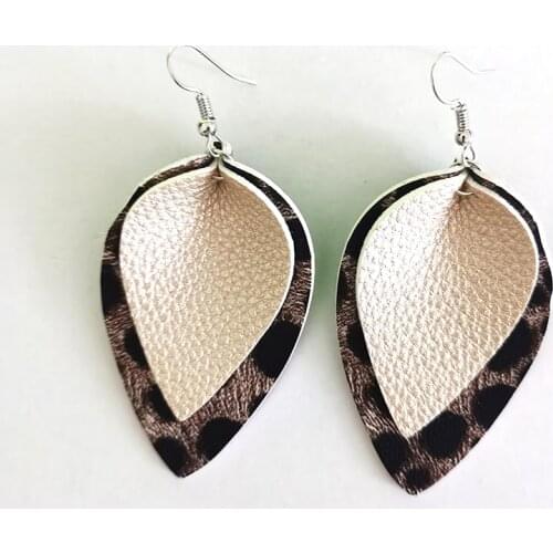 Stock New Double Layers Leopard Leather Earrings Navy Blue And Gold Metallic Leather Layered Leaf Lightweight Dangle Earrings