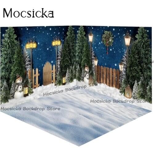 Winter Snow Night Sky Backdrop for Photography Snowman Newborn Kids Portrait Photo Background Studio Pine Tree Road Light Props