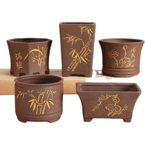 Purple Sand Succulent Plant Flowerpot Pure Handmade Ceramic Retro Flower Pot Bamboo Lotus Gold Outline Vase Balcony Home Decor