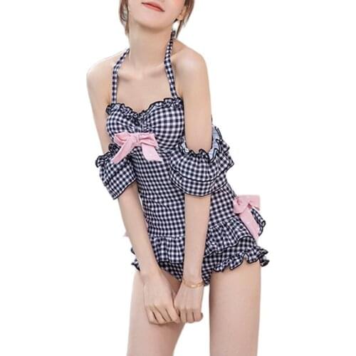 Cute Sexy Anime Girls Ruffle Plaid Swimsuit Cosplay Costume Women Kawaii One Piece Swimsuit Lolita Japanese Sukumizu Drop Ship