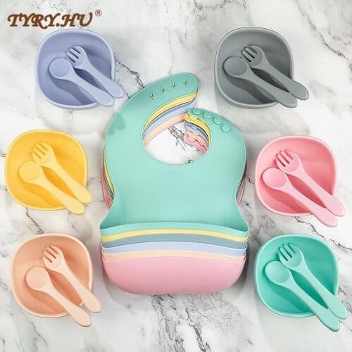 1set Silicone Baby Feeding Set Newborn Baby Bowl Tableware Waterproof Baby Bib Non-Slip BPA Free For Toddler Breakfast Feedings