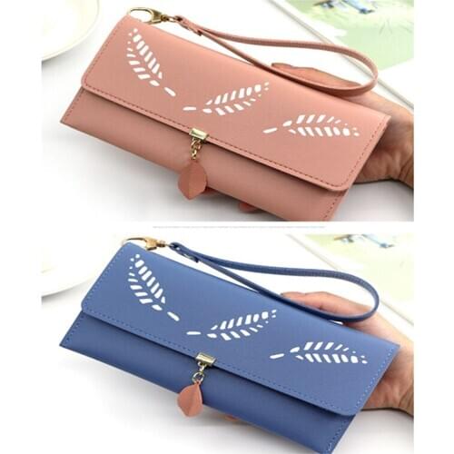 Wholesale Fashion Long Womens Large Multi-Function Metal Leaf Multi-Card Solid Color Twin Womens Wallet