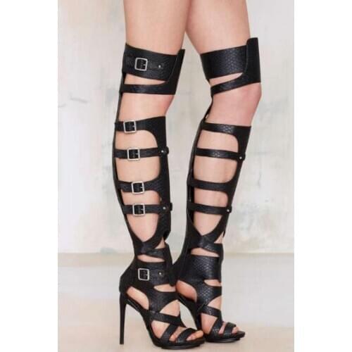 Drop Shipping Hot Woman Summer Black Brown Gladiator Cuts Out Over The Knee Boots Buckles Stiletto Heels Thigh High Long Boots