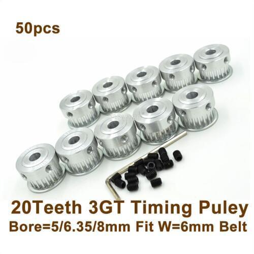 POWGE 50pcs 20 Teeth 3GT Synchronousp Pulley Bore 5/6.35/8mm Fit W=6mm 3GT Timing Belt 20T 20Teeth GT3 Timing Belt Pulley 20-3GT