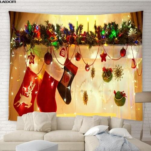 Merry Christmas Tapestry Xmas Wreath Gift Retro Old Wood Board New Year Party Wall Hanging Cloth Living Room Bedroom Home Decor