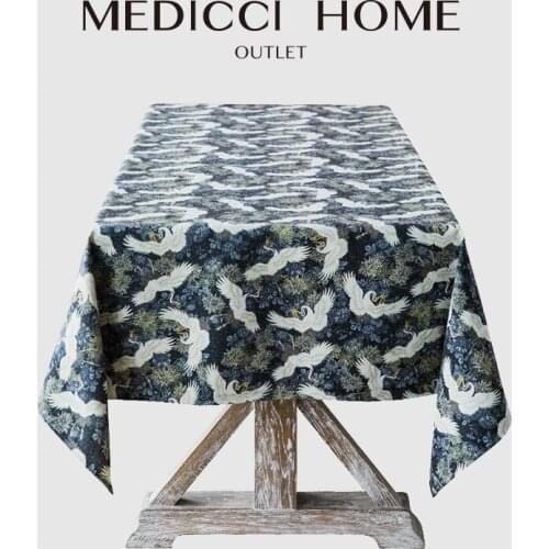 Medicci Home American Garden Tablecloth Luxury Rectangular Table Cloth Japanese Style Retro Crane Print Dining Tabletop Decor