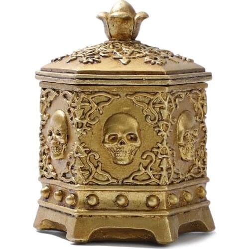 Vintage Halloween Skeleton Skull Jewelry Box Hexagon Necklace Ring Chain Case K3KB