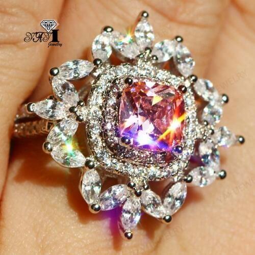 YaYI Jewelry Princess Cut 8.8 CT Pink Zircon Silver Filled Engagement Rings wedding Heart Rings Valentines Day Girls Party ring