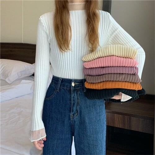 Knitting Pink Ribbed Jumpers White Crop Striped Fall Sweater For Women Pullover Blouse Long Sleeve Patchwork Tops Sueter Mujer
