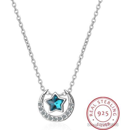 Hot Fashion Dazzling Azure Moon Star Zirconia Necklace For Women 925 Sterling Silver Necklace S-N278