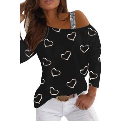 One Cold Shoulder Dress For Women 2021 Fashion Bright Silk Heart Printing Long Sleeves Loose Blouses Tops блузки женские