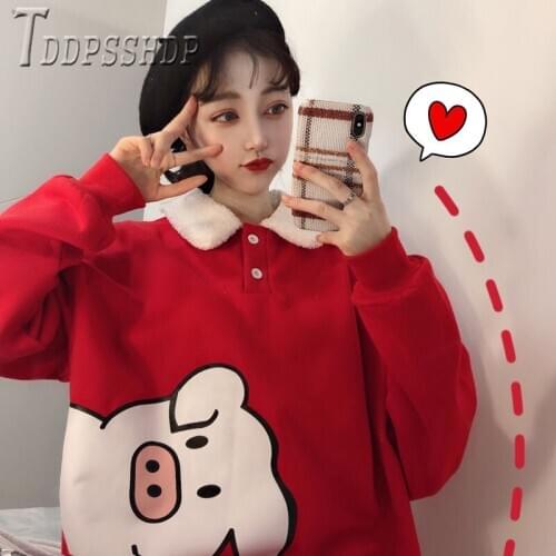 2019 Spring Korean Loose New Year Red Color Women Sweatshirt Pig Printed Lining With Fluff Female Sweatshirts