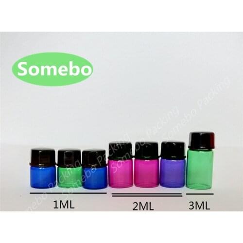 500pcs/lot 1ML 2ML 3ML Blue Purple Red Green Glass Essential Oil Sample Bottle with Cap Inner Plug Small glass vial