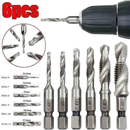 6pcs/set M3-M10 Hex Shank Titanium Plated HSS Screw Drill Bits Thread Metric Tap Drill Bits Screw Machine Compound Tapping Bit
