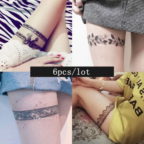 6pcs Thigh Lace Temporary Tattoo Stickers Sexy Tattoos for Women Waterproof Black Cute Bow Body Art Leg Ring Arm Fake Tattoo New