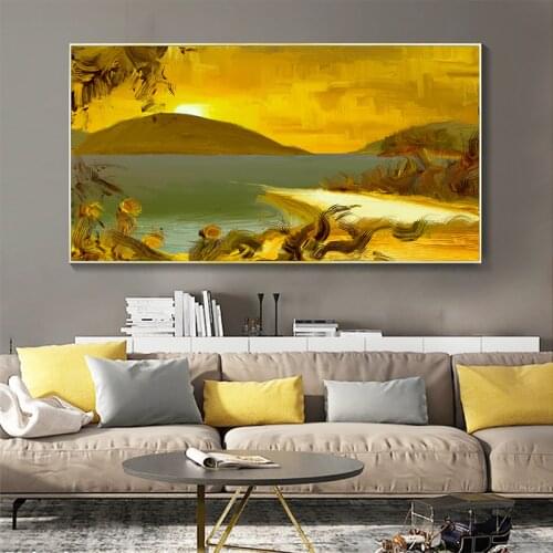 Abstract Mountain Lake Golden Sunset Posters HD Prints Canvas Painting Vintage Wall Art Picture For Living Room Home Decor