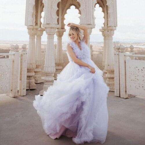 Lavender Women Dresses For Photo Shoot V Neck Birthday Tulle Dress Ruffles 2021 Summer Tulle Robe Light Purple