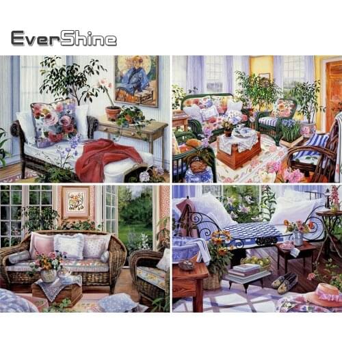 EverShine Full Drill Square Diamond Painting Landscape Diamond Embroidery House Rhinestones Picture Mosaic Flower Decor For Home