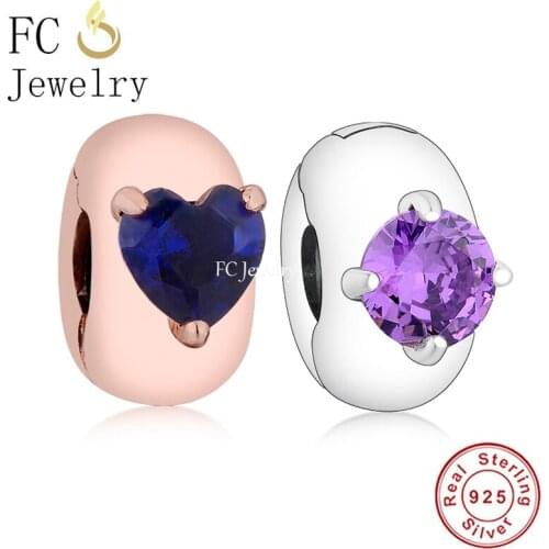 FC Jewelry Fit Original Brand Charm Bracelet 925 Sterling Silver Purple Zircon Stone Clip Stopper Bead For Making Women Berloque