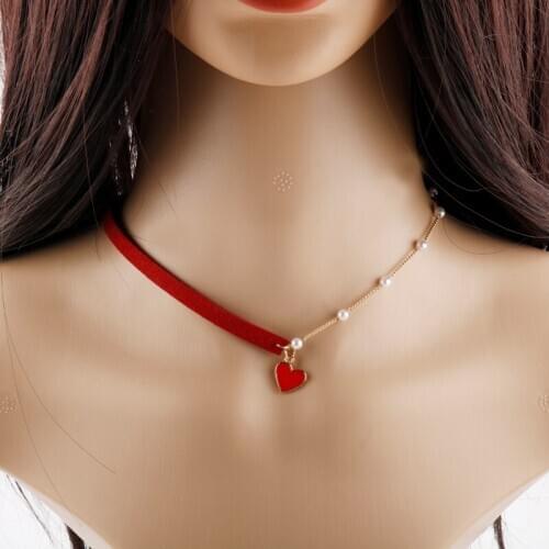 Red Heart Imitation pearls Choker Necklace for Women Jewelry Leather Chain Necklaces Unique Accessory Female Elegant neck chain