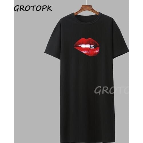Sexy Lips Womens T-Shirt Dress Summer Print T Shirt Dress Women Tshirts Dress Casual Short Sleeves T-shirts Dress Women