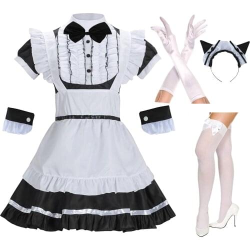 Lolita dresses Waitress costumes Womens Cat Ear French Maid Costume with Apron 6 Pieces Sets Fancy Dress for Halloween Cosplay