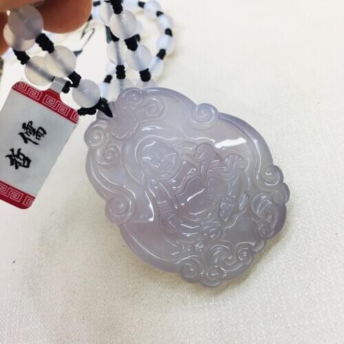 Natural Brazilian ice bottom chalcedony jade carving emperor purple Buddha pendant with chalcedony bead necklace mens womens s